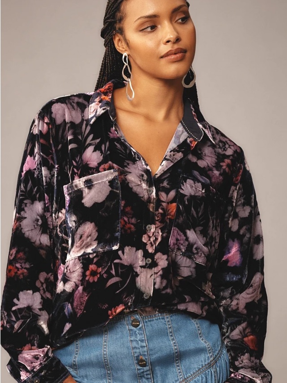Pilcro Black Floral Velvet Button-Down Top